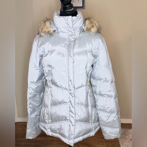 New York & Company Light Silver-Gray Puffer Coat with Faux Fur Trim